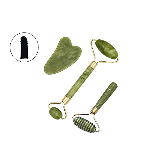 3 piezas Rodillo de Jade Facial Masaje, Anti Aging Gua Sha Facial Masajeador Cara Jade Roller, Natural Facial Masaje Piedra Gua Sha Jade,Para Cuello Cara Ojos Cabeza Cuerpo - Verde