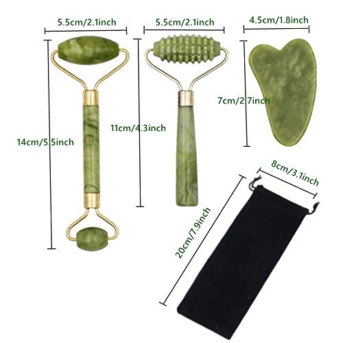 3 piezas Rodillo de Jade Facial Masaje, Anti Aging Gua Sha Facial Masajeador Cara Jade Roller, Natural Facial Masaje Piedra Gua Sha Jade,Para Cuello Cara Ojos Cabeza Cuerpo - Verde