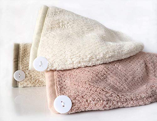 3 Pzas Toallas de Baño Turbante con Botón del Abrigo de Pelo Secado Rápido de Microfibra Suave Absorbentes de Agua Pelo Seco Capucha Bañera Ducha para Todos los Tipos de Cabello (Blanco, Rosa, Gris)