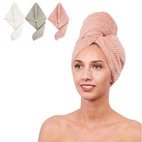 3 Pzas Toallas de Baño Turbante con Botón del Abrigo de Pelo Secado Rápido de Microfibra Suave Absorbentes de Agua Pelo Seco Capucha Bañera Ducha para Todos los Tipos de Cabello (Blanco, Rosa, Gris)