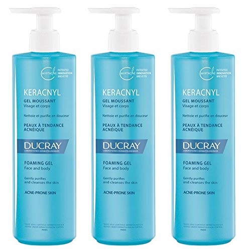 3 x ducray Keracnyl – Gel limpiador facial y corporal de 400 ml – contrasta el Acne