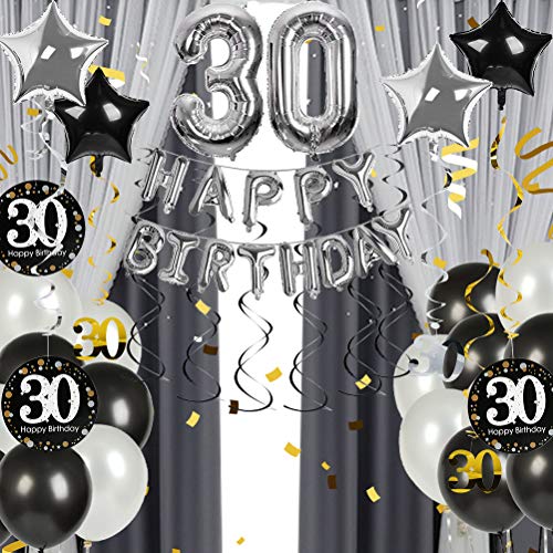 30 Cumpleaños Globos Decoraciones Plata Negro 46PCS Set, Globos para 30 Años de Feliz Cumpleaños, Globos de Papel de Aluminio - YANSHON Decoraciones para Hombres y Mujeres Adultos Decoración de Fiesta