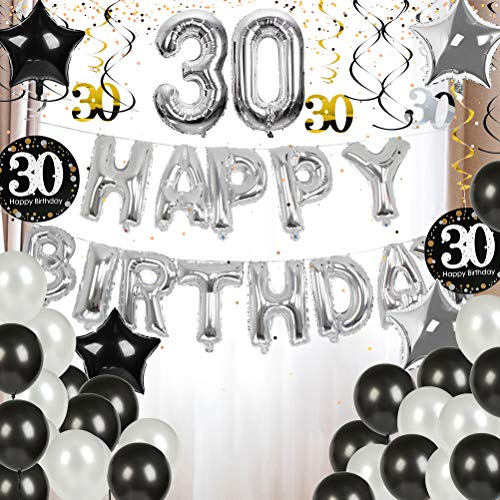30 Cumpleaños Globos Decoraciones Plata Negro 46PCS Set, Globos para 30 Años de Feliz Cumpleaños, Globos de Papel de Aluminio - YANSHON Decoraciones para Hombres y Mujeres Adultos Decoración de Fiesta