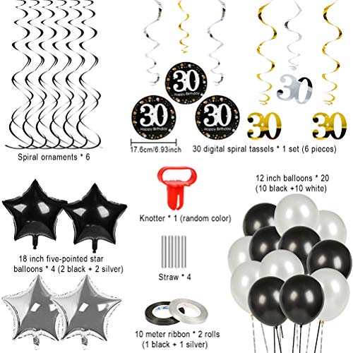30 Cumpleaños Globos Decoraciones Plata Negro 46PCS Set, Globos para 30 Años de Feliz Cumpleaños, Globos de Papel de Aluminio - YANSHON Decoraciones para Hombres y Mujeres Adultos Decoración de Fiesta