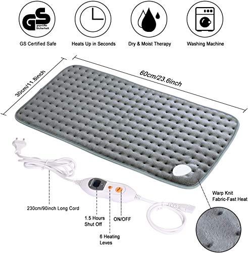 30 x 60cm Almohadilla Elèctrica de Calefacción MaxKare Función de Apagado Automático Configuración de Temperatura de 6 Engranajes el Calefactora Rápido Superficie Suave Manta Electrica (Gris)