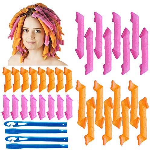 32 piezas de rizadores de pelo en espiral mágicos juego de herramientas de peinado sin calor flexibles con ganchos de peinado para mujeres y niñas (rosa y naranja, 15cm/25 cm)