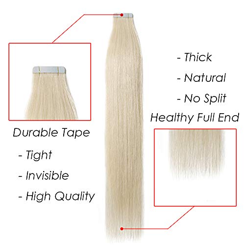 35cm - Extensiones Adhesivas de Cabello Humano [2g*40pcs] Sin Clip Tape in Hair Extension Pelo Natural - 60# Rubia Platino