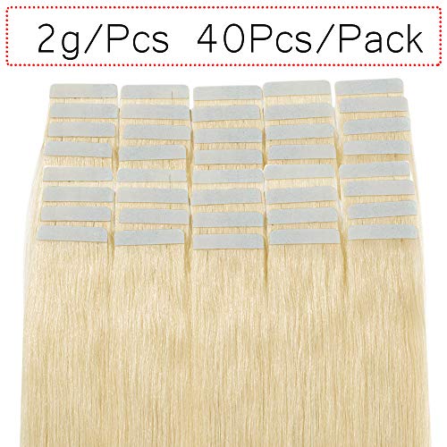 35cm - Extensiones Adhesivas de Cabello Humano [2g*40pcs] Sin Clip Tape in Hair Extension Pelo Natural - 60# Rubia Platino