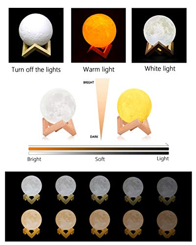 3D Lámpara Mágica de la Luna LED Lámpara de Noche Luna Llena Control Tactil Luces LED Regulables Carga Usb Lámpara De Mesa Regalo de los Niños Lámpara con Base Blanco/Blanco Cálido Iluminación (10cm)