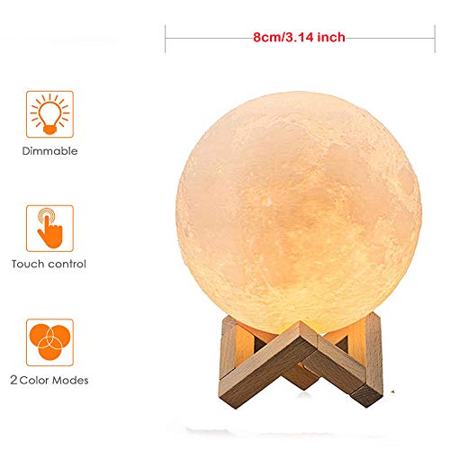 3D Lámpara Mágica de la Luna LED Lámpara de Noche Luna Llena Control Tactil Luces LED Regulables Carga Usb Lámpara De Mesa Regalo de los Niños Lámpara con Base Blanco/Blanco Cálido Iluminación (10cm)