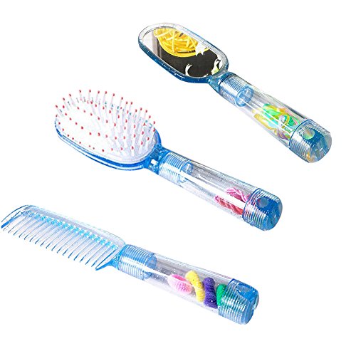3Pcs Cepillo Peines del pelo con Espejo para Niños,GZQES, Cepillo de Desenredar + Peine+ Espejo para Mujer (Azul)