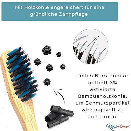 4 Cepillos de dientes de Bambú ecológico - cerdas de carbón suaves, mango de madera biodegradable y libre de plástico, vegano, ecológico, sin BPA ni BPS, cerdas densas y finas, dos colores