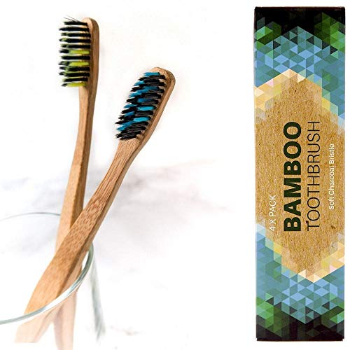 4 Cepillos de dientes de Bambú ecológico - cerdas de carbón suaves, mango de madera biodegradable y libre de plástico, vegano, ecológico, sin BPA ni BPS, cerdas densas y finas, dos colores