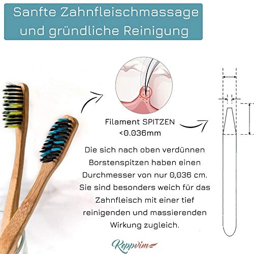 4 Cepillos de dientes de Bambú ecológico - cerdas de carbón suaves, mango de madera biodegradable y libre de plástico, vegano, ecológico, sin BPA ni BPS, cerdas densas y finas, dos colores