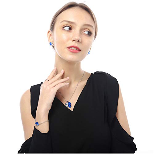 4 Hoja Trébol Collar Earrings Pulseras de trébol de cuatro hojas Colgante ajustable Juego de cadenas Peach Heart Rhinestone Joyas con incrustaciones de cristal para niñas, mujeres, azul