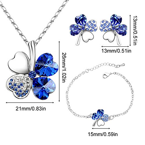 4 Hoja Trébol Collar Earrings Pulseras de trébol de cuatro hojas Colgante ajustable Juego de cadenas Peach Heart Rhinestone Joyas con incrustaciones de cristal para niñas, mujeres, azul