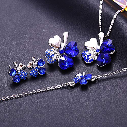 4 Hoja Trébol Collar Earrings Pulseras de trébol de cuatro hojas Colgante ajustable Juego de cadenas Peach Heart Rhinestone Joyas con incrustaciones de cristal para niñas, mujeres, azul