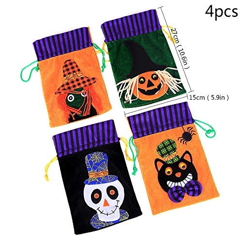 4 piezas Bolsas de golosinas de Halloween para niños Bolsa de dulces de Halloween con cordón Bolsa de trucos o golosinas de Halloween Bolsas a granel reutilizables Bolsas de almacenamiento de franela