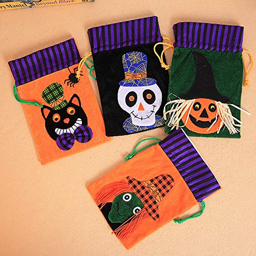 4 piezas Bolsas de golosinas de Halloween para niños Bolsa de dulces de Halloween con cordón Bolsa de trucos o golosinas de Halloween Bolsas a granel reutilizables Bolsas de almacenamiento de franela