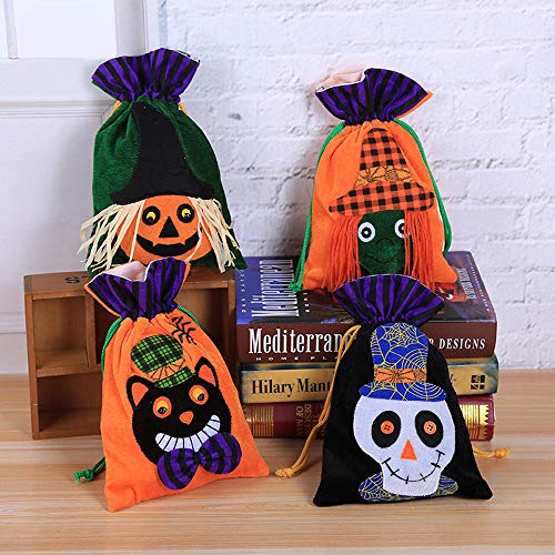 4 piezas Bolsas de golosinas de Halloween para niños Bolsa de dulces de Halloween con cordón Bolsa de trucos o golosinas de Halloween Bolsas a granel reutilizables Bolsas de almacenamiento de franela
