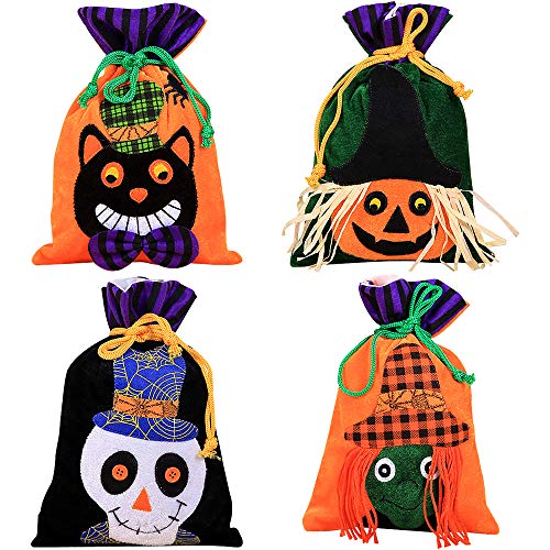 4 piezas Bolsas de golosinas de Halloween para niños Bolsa de dulces de Halloween con cordón Bolsa de trucos o golosinas de Halloween Bolsas a granel reutilizables Bolsas de almacenamiento de franela