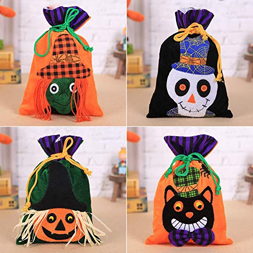 4 piezas Bolsas de golosinas de Halloween para niños Bolsa de dulces de Halloween con cordón Bolsa de trucos o golosinas de Halloween Bolsas a granel reutilizables Bolsas de almacenamiento de franela