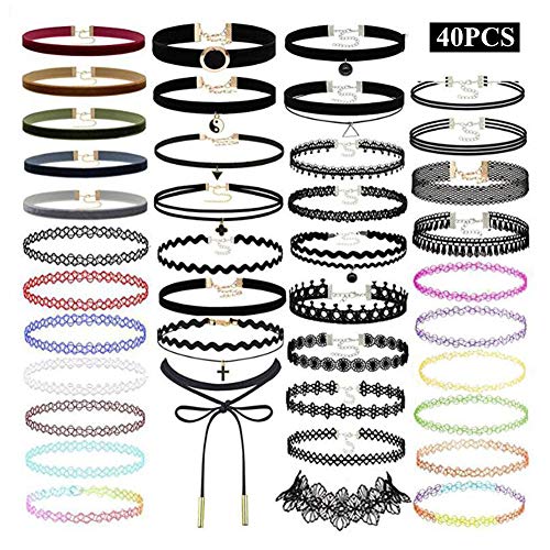 40 Piezas Stretch Gótico Tatuaje Henna Collar Negro de Terciopelo Choker Conjunto de Collar Henna Tattoo Choker Conjunto gargantilla elástica para mujeres y niñas