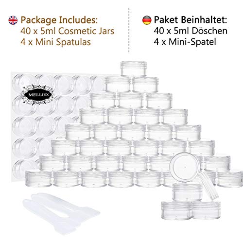 40 Piezas Tarros de Plástico, Contenedores Cosmético de Viaje Envases de Vacío Transparente con Tapas de Tornillo para Cosmética Crema Muestra, Polvo, Decoración de Uñas, 5g 5ml Transparente