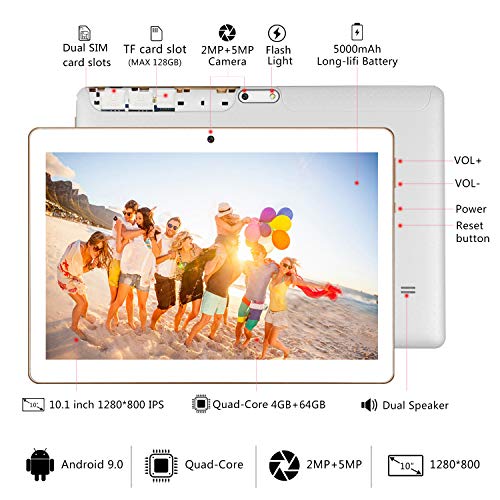 4G LTE Tablet 10 Pulgadas YOTOPT - Android 9.0, 4GB RAM y 64GB ROM, GPS/Bluetooth/WiFi Soporte (Blanco)