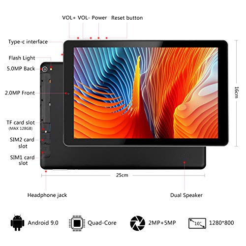 4G LTE Tablet 10 Pulgadas YOTOPT - Android 9.0, 4GB RAM y 64GB ROM, GPS/Bluetooth/WiFi Soporte (Negro)