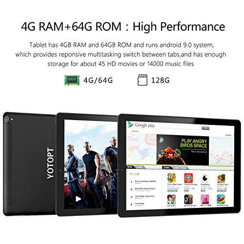 4G LTE Tablet 10 Pulgadas YOTOPT - Android 9.0, 4GB RAM y 64GB ROM, GPS/Bluetooth/WiFi Soporte (Negro)