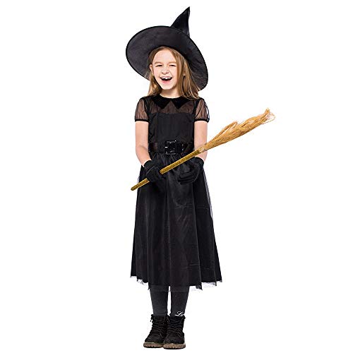 4PC Niños Traje de Halloween Cosplay Ball Party Dress Sombrero Cinturón Guantes Traje de Halloween Festival de Mascarada Maquillaje(Negro,S)