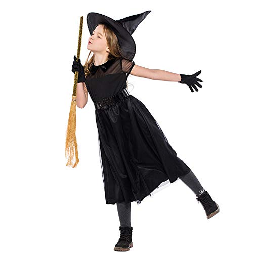 4PC Niños Traje de Halloween Cosplay Ball Party Dress Sombrero Cinturón Guantes Traje de Halloween Festival de Mascarada Maquillaje(Negro,S)
