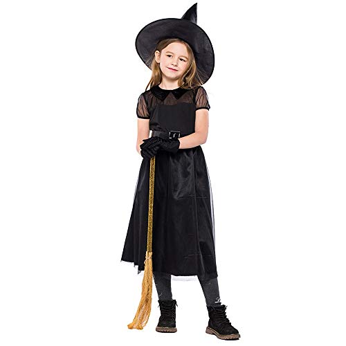 4PC Niños Traje de Halloween Cosplay Ball Party Dress Sombrero Cinturón Guantes Traje de Halloween Festival de Mascarada Maquillaje(Negro,S)