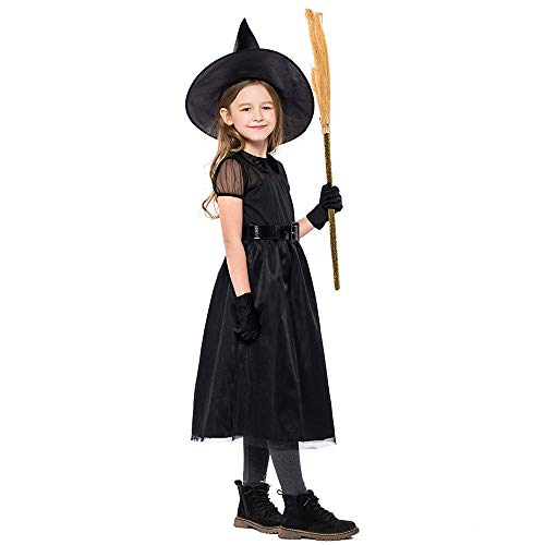 4PC Niños Traje de Halloween Cosplay Ball Party Dress Sombrero Cinturón Guantes Traje de Halloween Festival de Mascarada Maquillaje(Negro,S)
