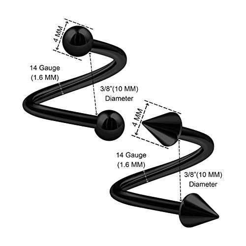 4pcs acero inoxidable negro espiral barra 14 calibre 4mm bola cono ceja pendientes cartílago piercing joyería ver más tamaños