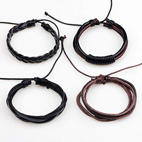 4PCS / Set Multicapa Vintage DIY Hombres PU Pulsera Trenzada de Cuero Casual Simple Pulsera Brazaletes Joyas Mejor Regalo de cumpleaños BCVBFGCXVB (café y Negro