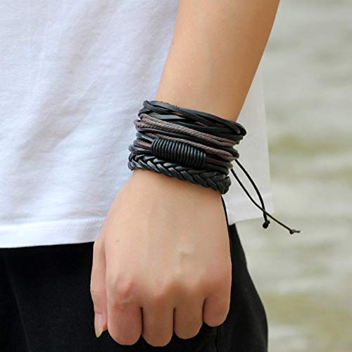 4PCS / Set Multicapa Vintage DIY Hombres PU Pulsera Trenzada de Cuero Casual Simple Pulsera Brazaletes Joyas Mejor Regalo de cumpleaños BCVBFGCXVB (café y Negro