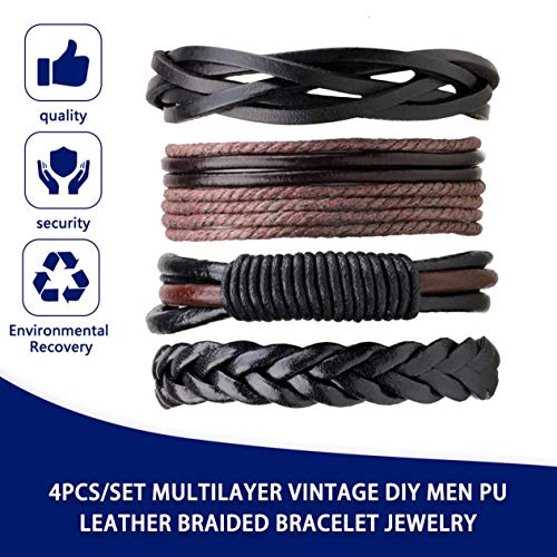 4PCS / Set Multicapa Vintage DIY Hombres PU Pulsera Trenzada de Cuero Casual Simple Pulsera Brazaletes Joyas Mejor Regalo de cumpleaños BCVBFGCXVB (café y Negro