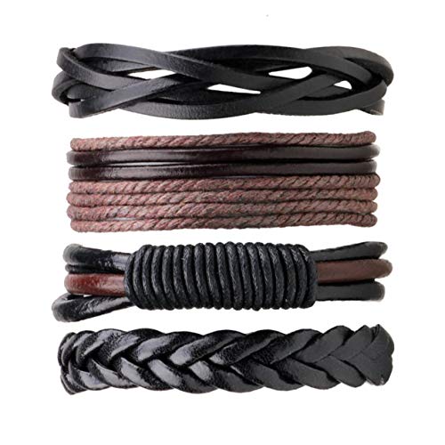 4PCS / Set Multicapa Vintage DIY Hombres PU Pulsera Trenzada de Cuero Casual Simple Pulsera Brazaletes Joyas Mejor Regalo de cumpleaños BCVBFGCXVB (café y Negro