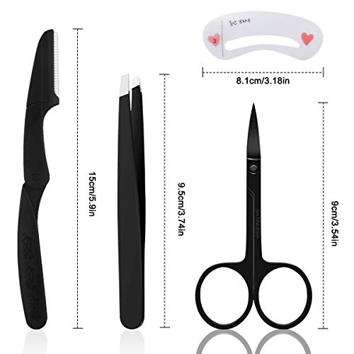 4Piezas Pinzas Cejas Set de Recorte de Cejas con Pinzas, Maquinilla de Afeitar, Tijeras Plantillas Cejas Acero Inoxidable Profesional Kit de Cuidado de Cejas para Mujeres