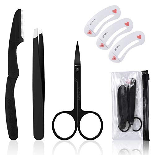 4Piezas Pinzas Cejas Set de Recorte de Cejas con Pinzas, Maquinilla de Afeitar, Tijeras Plantillas Cejas Acero Inoxidable Profesional Kit de Cuidado de Cejas para Mujeres