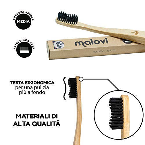 4x Cepillos de dientes de bambú natural ecológico l Mango de madera 100% biodegradable recyclable l Cerdas de dureza media l Embalaje reciclable sin plástico l Paquete de 4 piezas