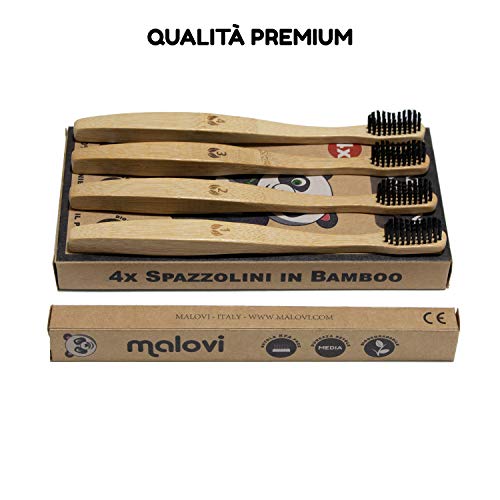 4x Cepillos de dientes de bambú natural ecológico l Mango de madera 100% biodegradable recyclable l Cerdas de dureza media l Embalaje reciclable sin plástico l Paquete de 4 piezas