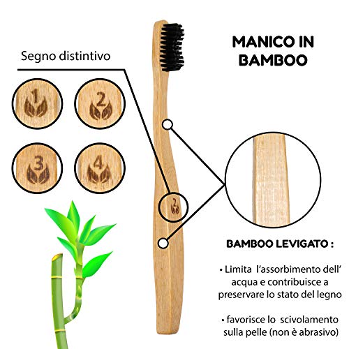 4x Cepillos de dientes de bambú natural ecológico l Mango de madera 100% biodegradable recyclable l Cerdas de dureza media l Embalaje reciclable sin plástico l Paquete de 4 piezas