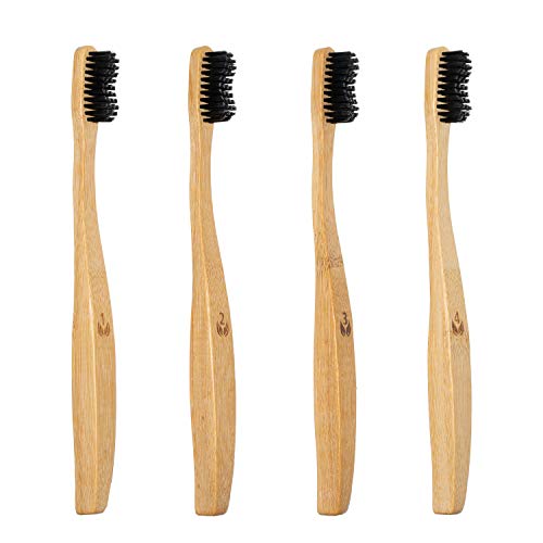 4x Cepillos de dientes de bambú natural ecológico l Mango de madera 100% biodegradable recyclable l Cerdas de dureza media l Embalaje reciclable sin plástico l Paquete de 4 piezas