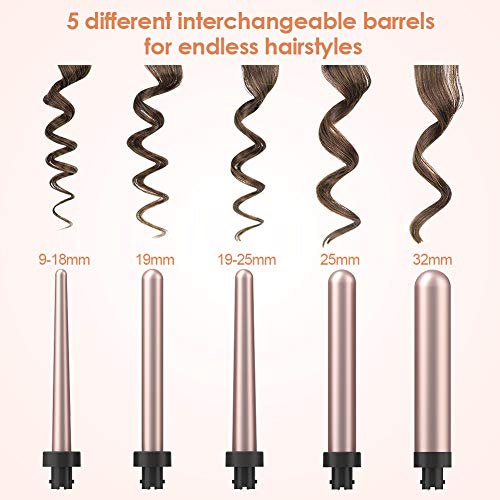 5 en 1 rizador de pelo con varillas profesional, cuenta con 5 cabezales de cerámica turmalina intercambiables, función de apagado automático y anti-quemaduras, doble voltaje 110-240V, pantalla LCD