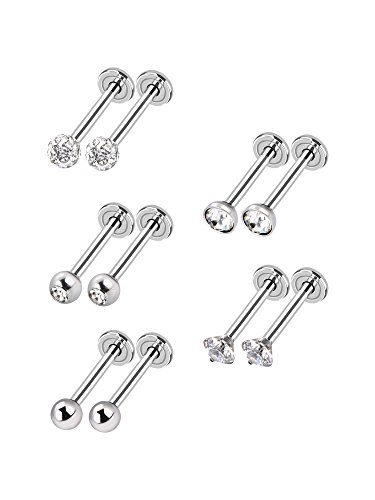 5 Estilos 16 Gauge Acero Inoxidable Piercings de Nariz Barras de Labret Tragus Barras con Bola de Cristal Piercings de Cuerpo, 5 Pares