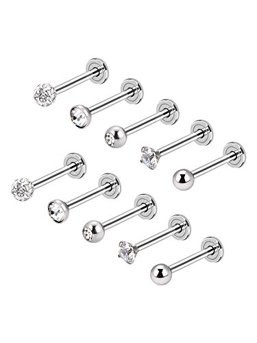 5 Estilos 16 Gauge Acero Inoxidable Piercings de Nariz Barras de Labret Tragus Barras con Bola de Cristal Piercings de Cuerpo, 5 Pares
