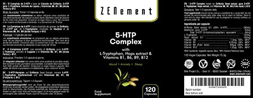 5-HTP Complex con L-triptófano, extracto de Lúpulo y vitaminas B1, B6, B9, B12, 120 Cápsulas, para el estado de ánimo, el sueño, el dolor, la ansiedad y la obesidad, No GMO, 100% Natural